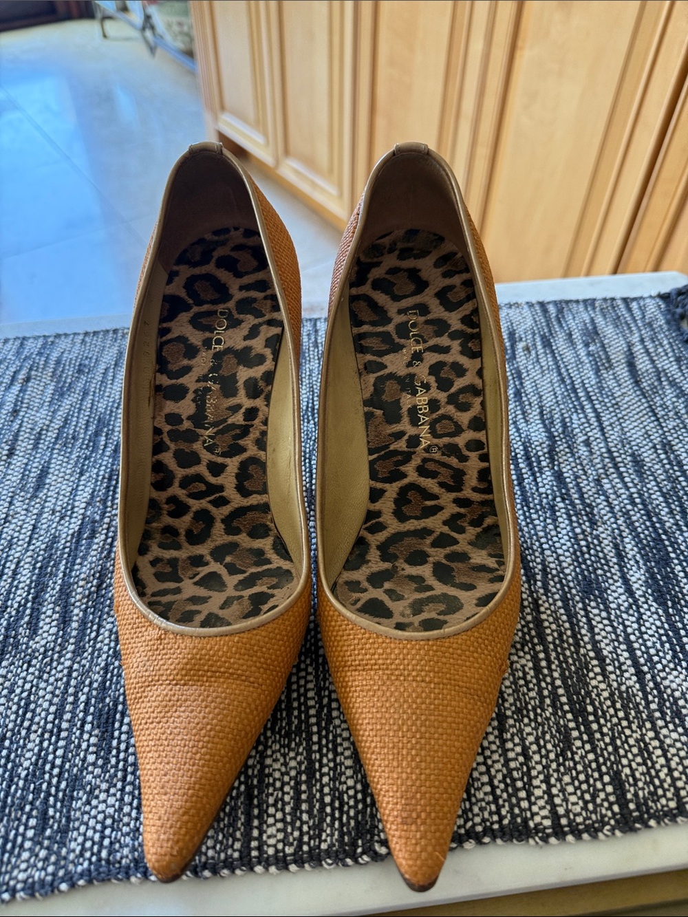 Dolce and Gabbana Tan Textured Pointed-Toe Pumps with Leopard Insole